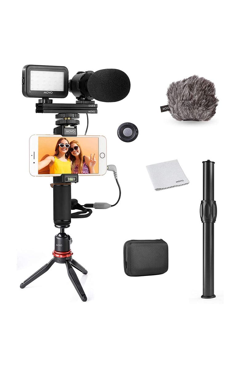 MOVO V7+ YouTube Starter Kit - Vlogging Kit for iPhone with Tripod, Grip, Stereo Microphone, LED Light and Remote, Main, color, Black