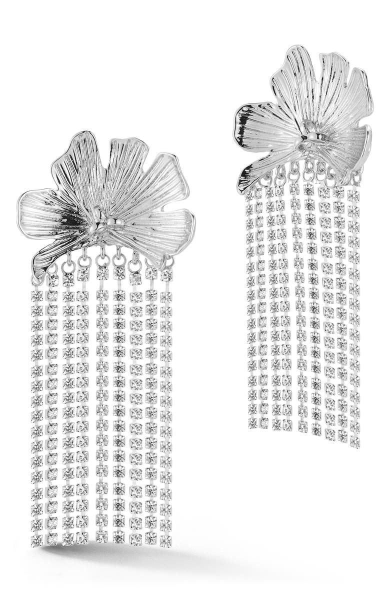 SPHERA MILANO Flower Crystal Fringe Earrings, Main, color, Silver