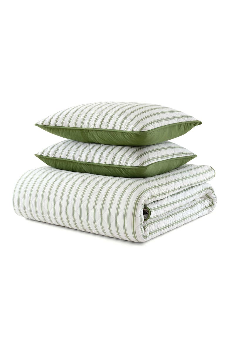 Ticking Stripe Cotton Quilt Set, Main, color, WHITE/ VINE GREEN