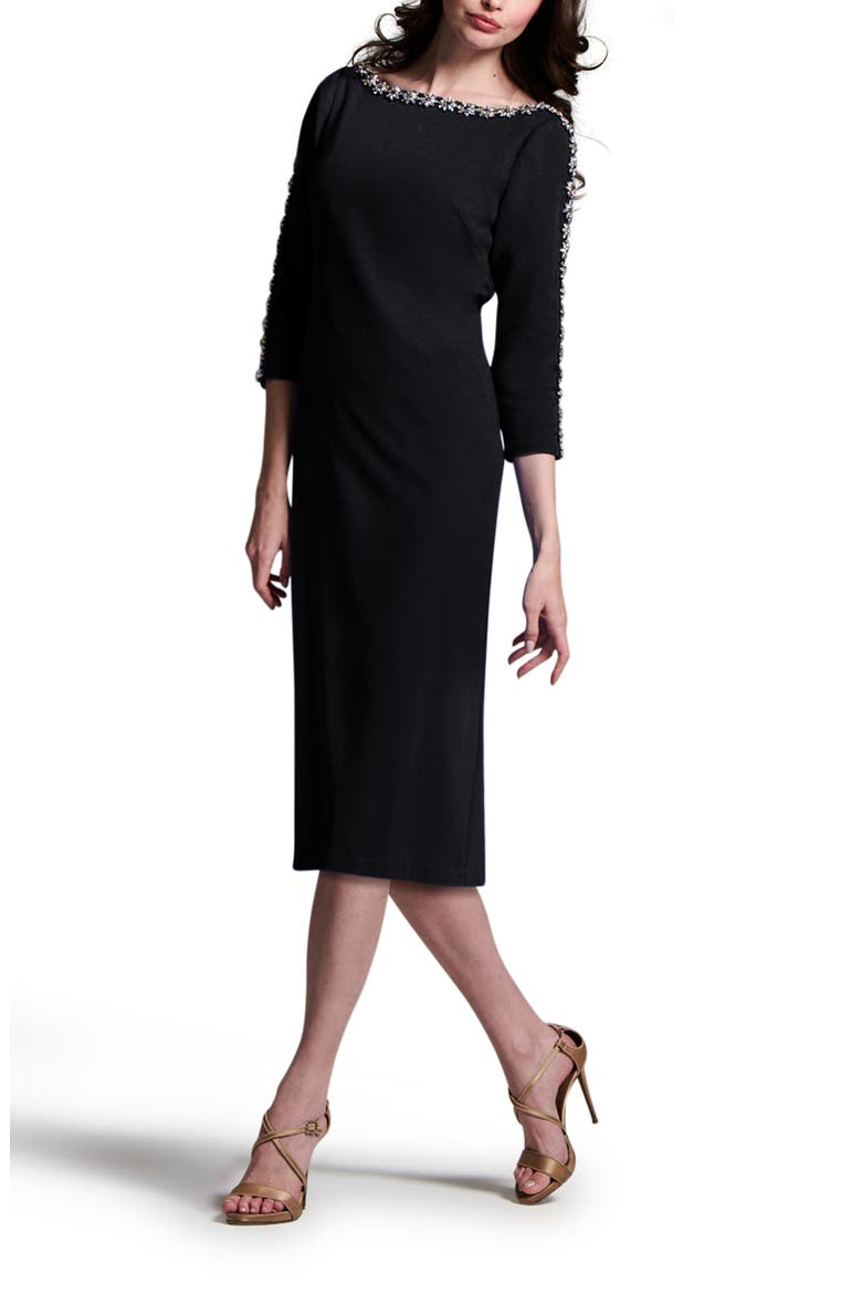 Crystal Floral Detail Stretch Crepe Cocktail Dress, Alternate, color, BLACK