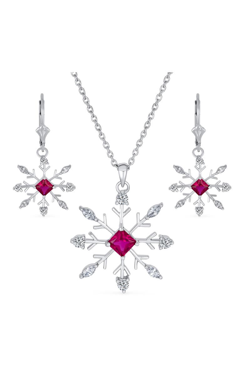 Sterling Silver CZ Snowflake Pendant Necklace & Earrings Set, Main, color, RED