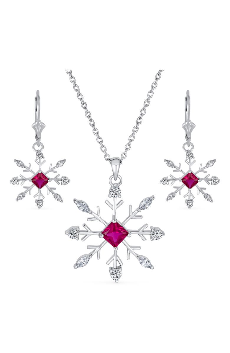 BLING JEWELRY Sterling Silver CZ Snowflake Pendant Necklace & Earrings Set, Main, color, 
