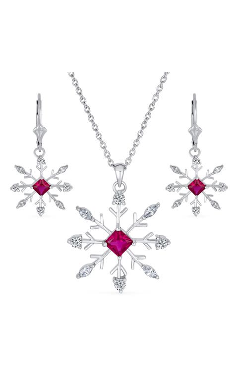 Sterling Silver CZ Snowflake Pendant Necklace & Earrings Set