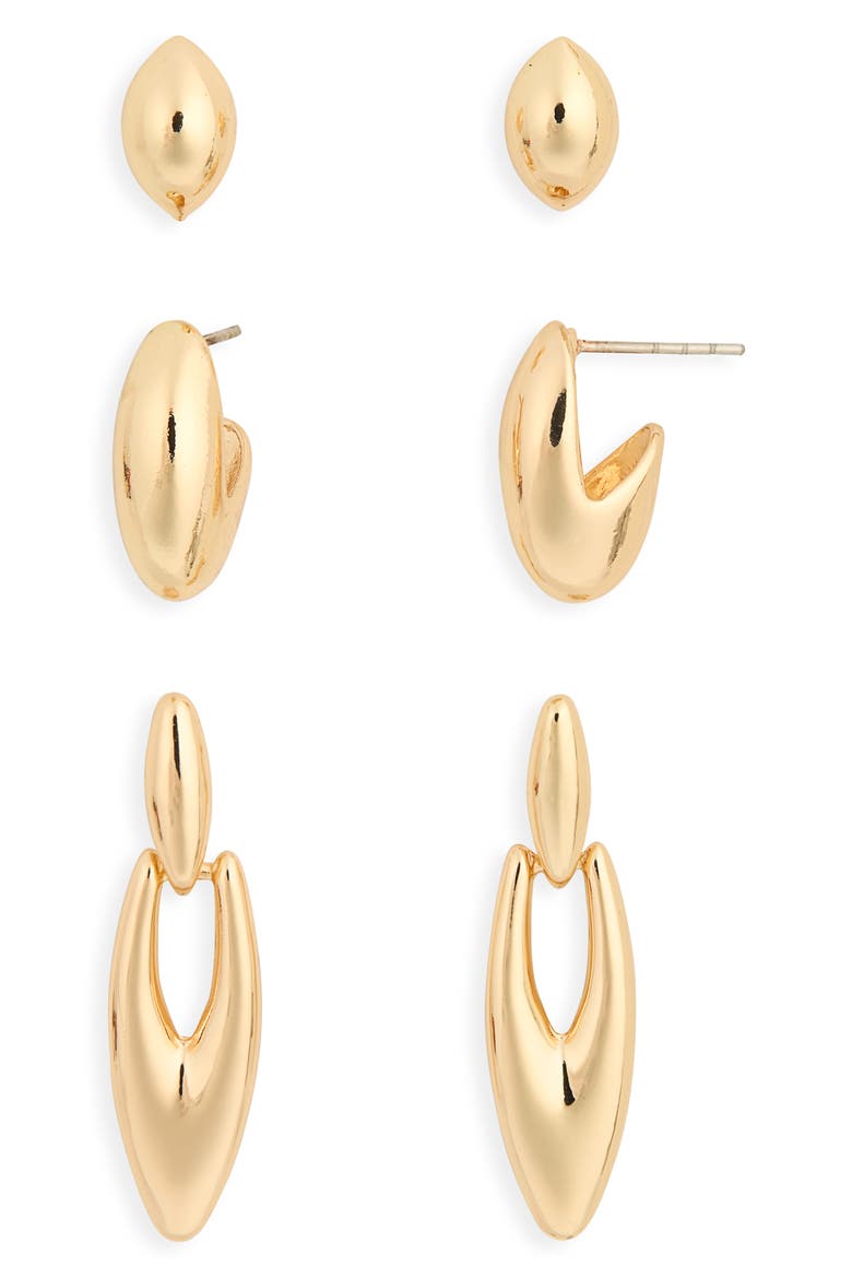 Set of 3 Stud & Hoop Earrings, Main, color, GOLD