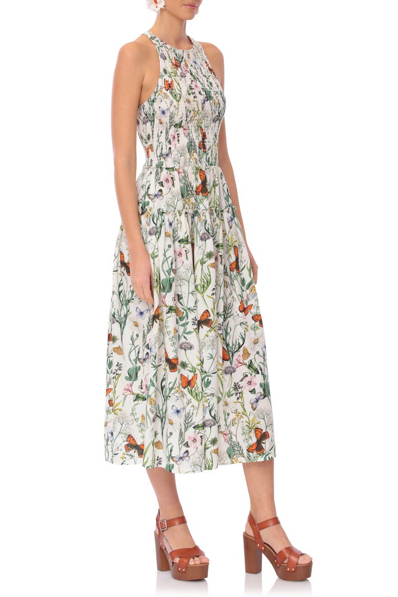 Floral Smocked Bodice Linen Blend Midi Dress, Alternate, color, BUTTERFLY FLORAL