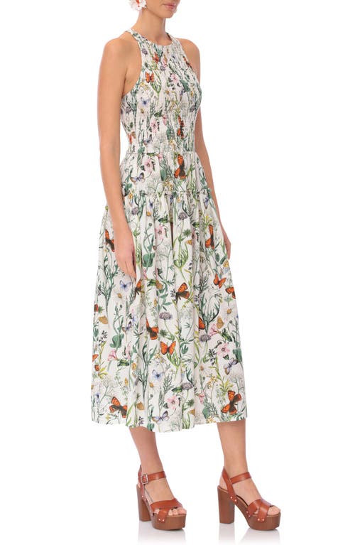 Avec Les Filles Floral Smocked Bodice Linen Blend Midi Dress In Butterfly Floral