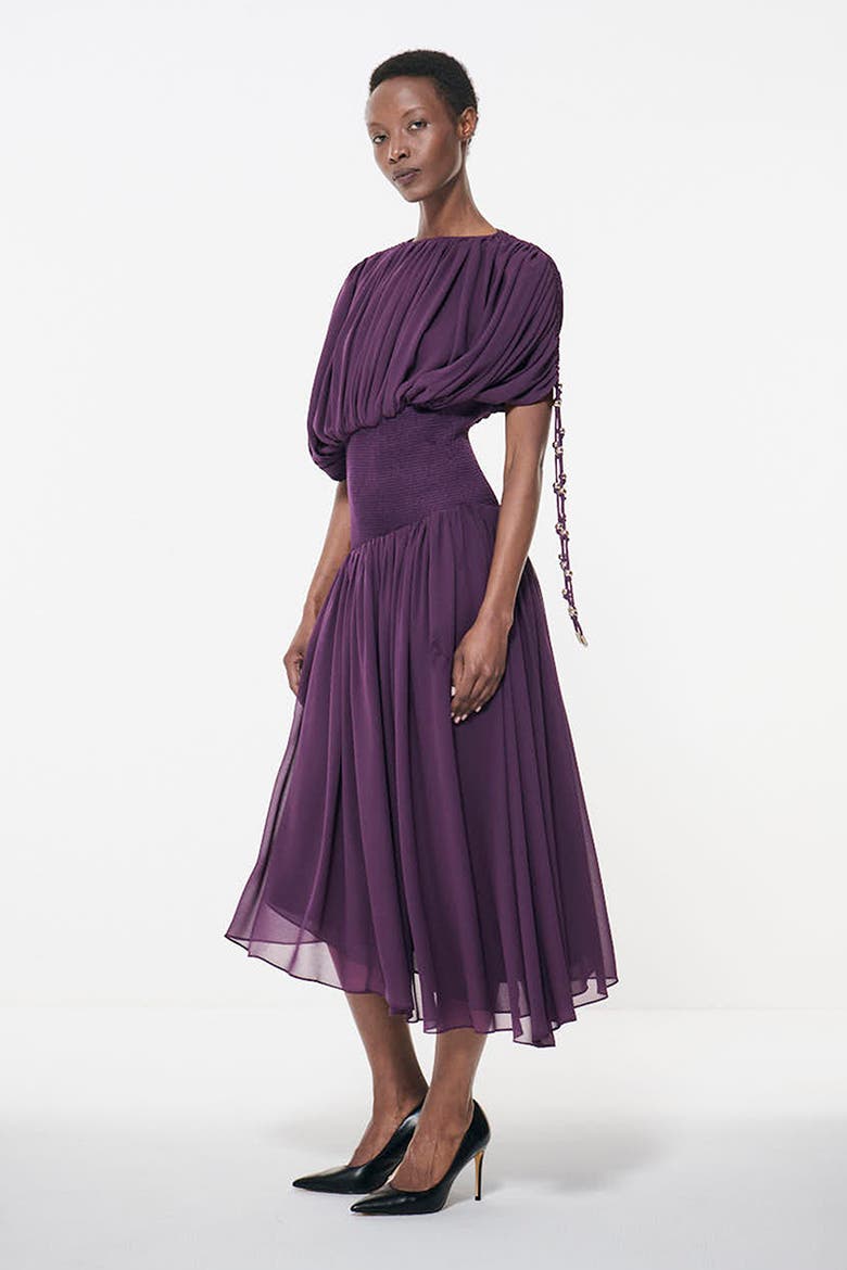 Smocked Waist Ruched Sleeve Dress, Alternate, color, Dark Purple