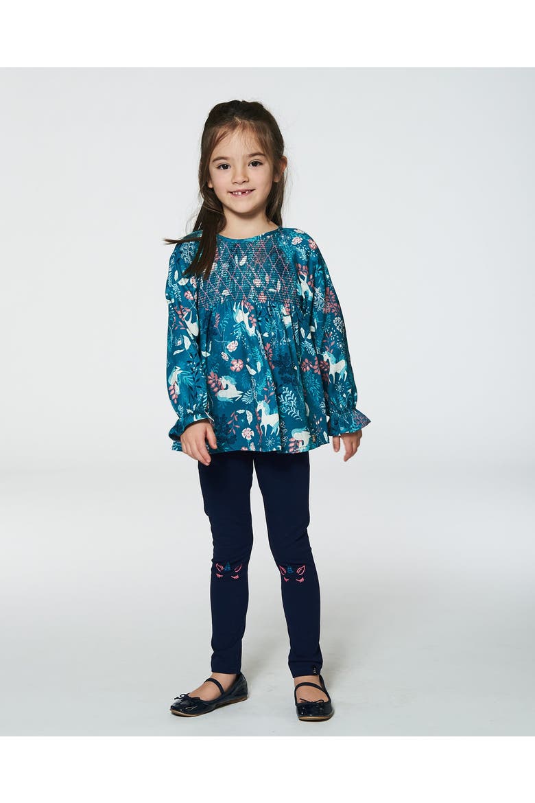 Girl's Long Sleeve Viscose Blouse Turquoise Printed Fairy Unicorn, Alternate, color, Unicorn In The Fields