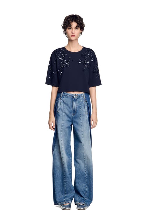 Sandro Cotton-blend Beaded Algarve T-shirt In Navy Blue