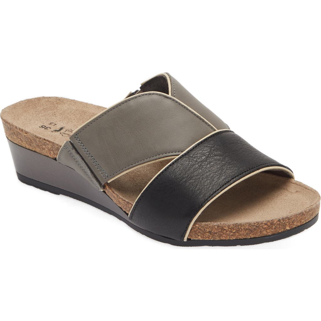 Naot Tiara Wedge Sandal In Soft Black/foggy Grey Leather