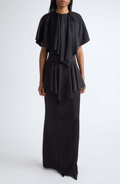 Lace Trim Satin Cape Gown