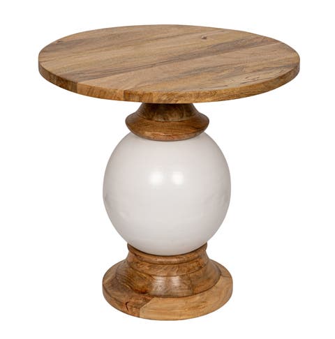Round Mango Wood and Metal Pedestal Table, White and Brown