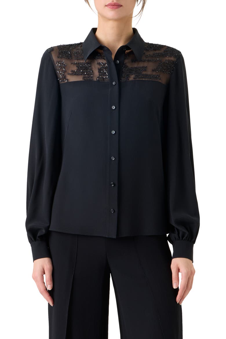 Sequin Yoke Silk Crepe Button-Up Shirt, Main, color, BLACK