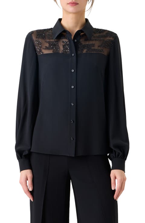 Sequin Yoke Silk Crepe Button-Up Shirt