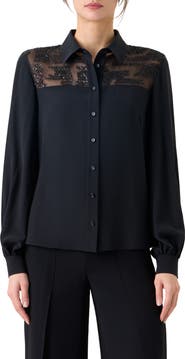 Akris Sequin Yoke Silk Crepe Button-Up Shirt