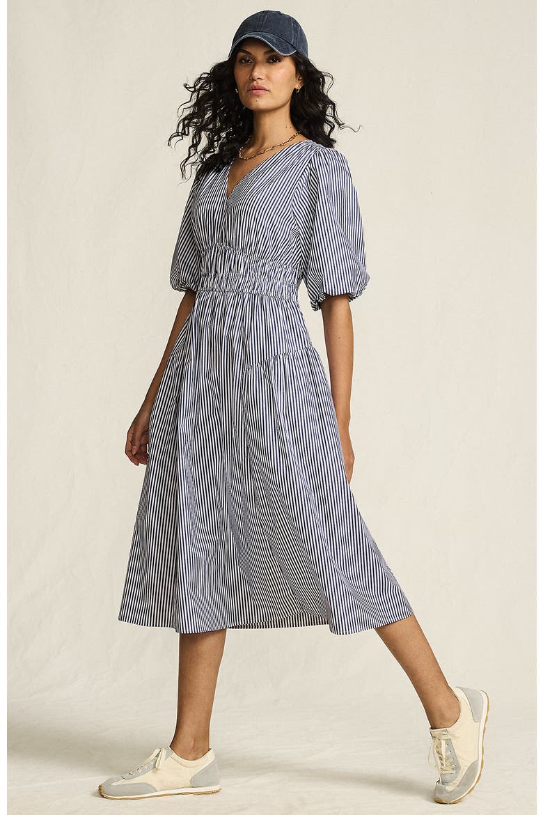 Puff Sleeve Smocked Waist V Neck Dress, Main, color, Blue/White Stripe