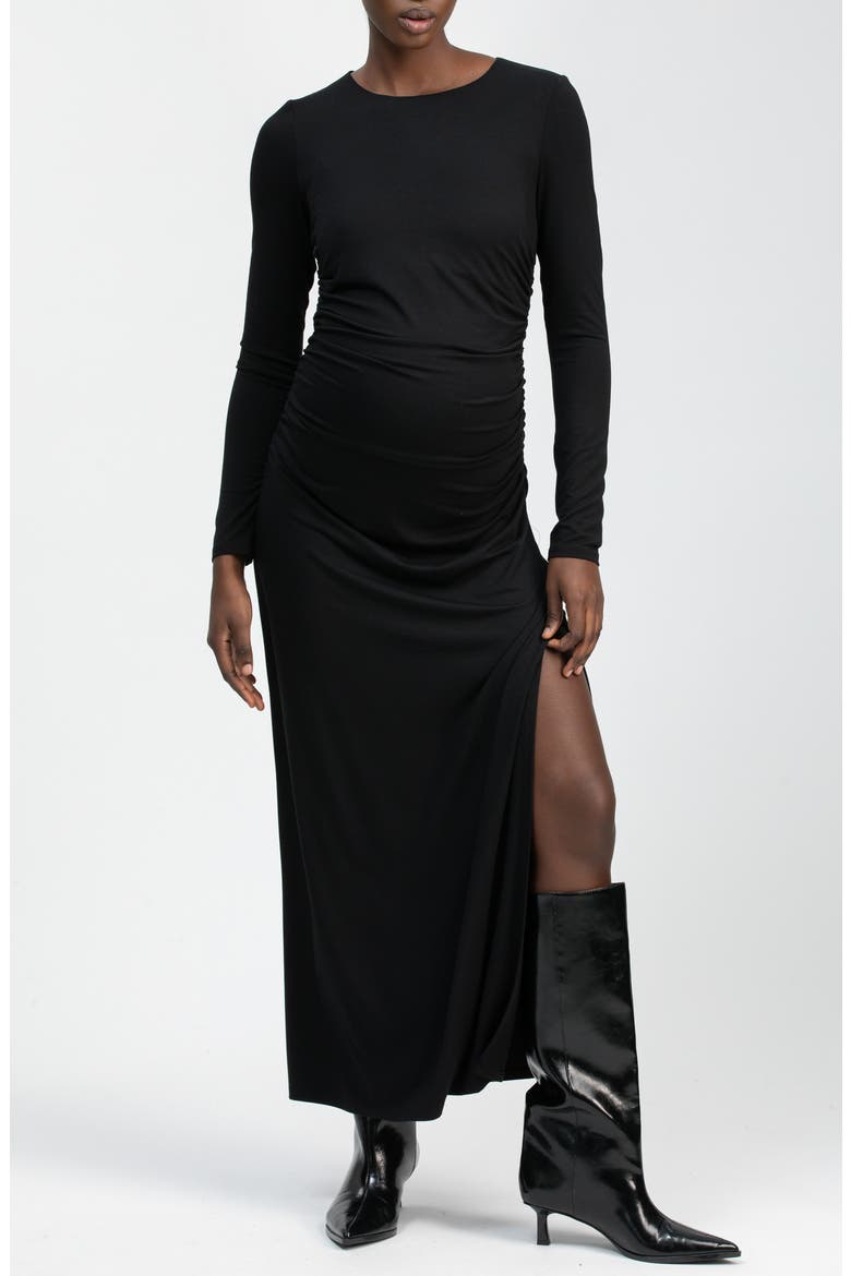 Daphne Ruched Long Sleeve Jersey Body-Con Maternity Dress, Main, color, BLACK