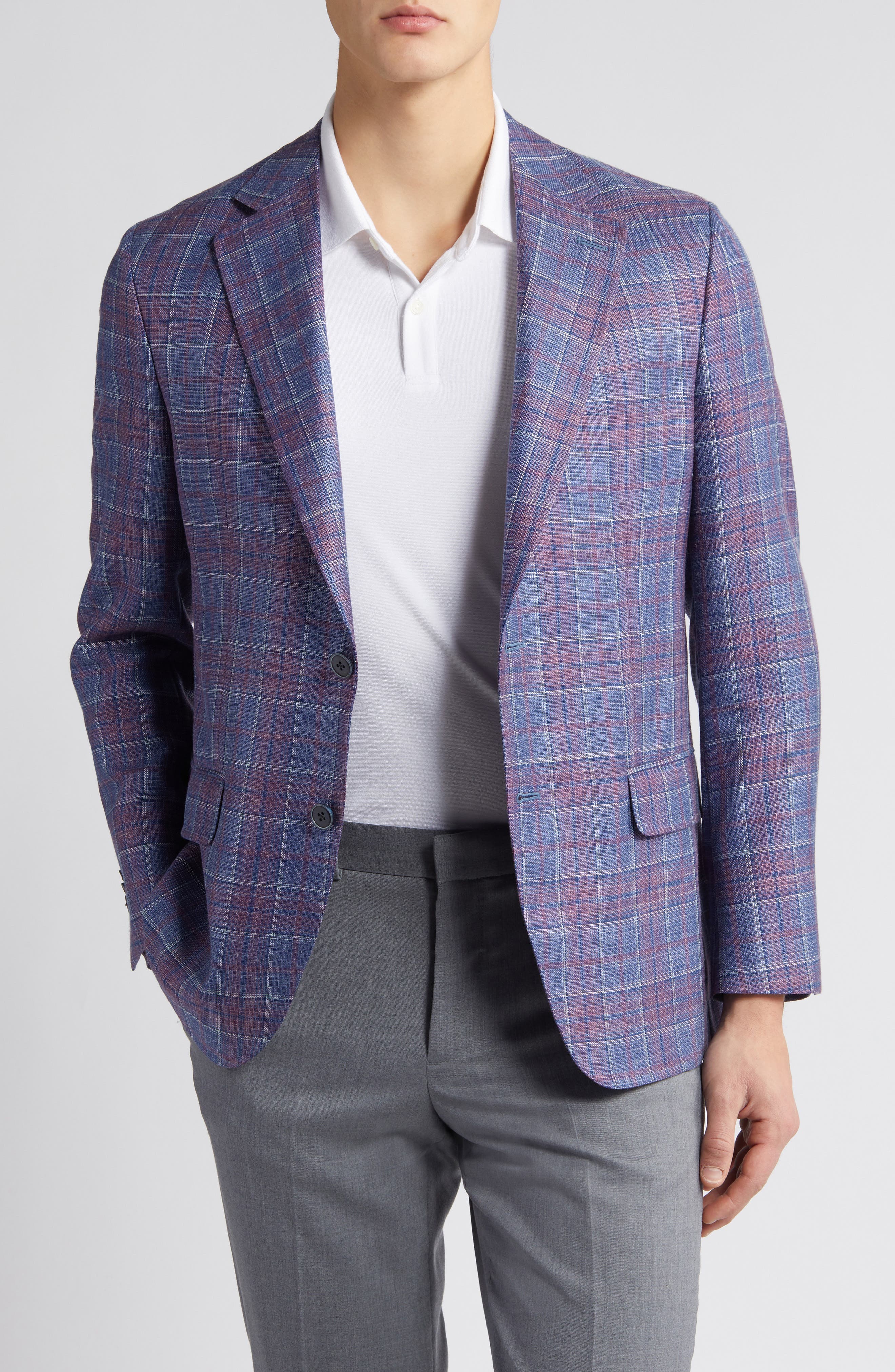 Tailored Fit Plaid Wool, Silk & Linen Blend Sport Coat