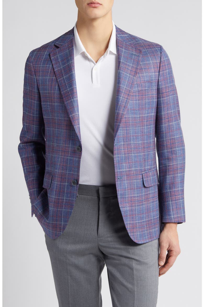 Tailored Fit Plaid Wool, Silk & Linen Blend Sport Coat, Main, color, BLUE