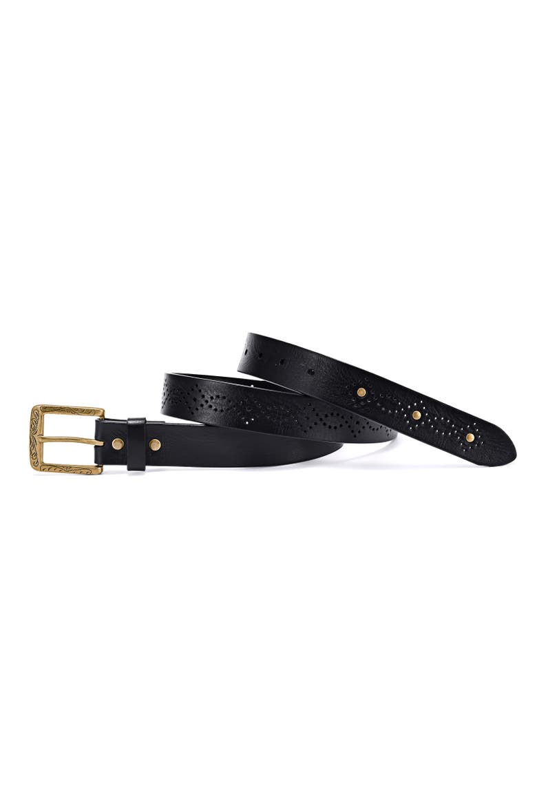 Daisy Genuine Leather Perforated Floral Detail Belt, Alternate, color, Black