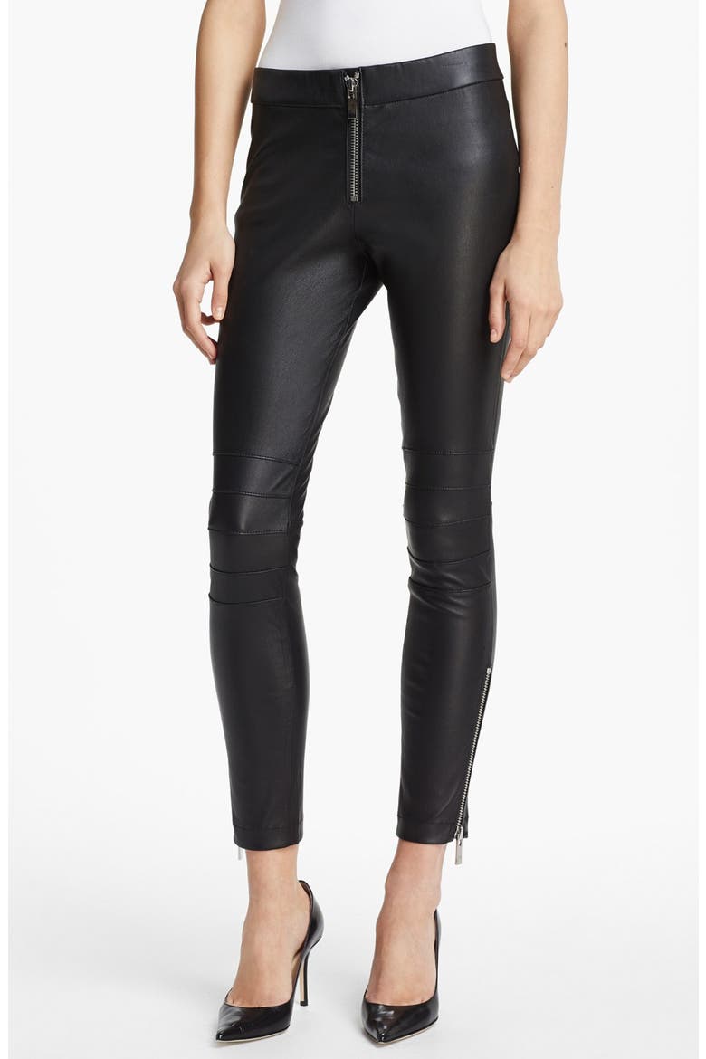 'Addison' Lambskin Leather Moto Pants, Main, color, BLACK