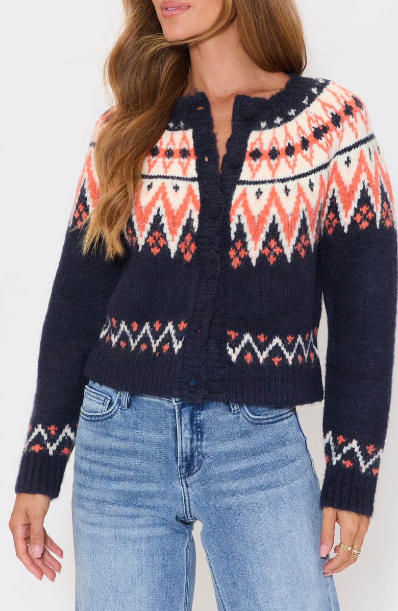 VICI Collection Aurora Fair Isle Cardigan, Main, color, Navy/ Orange