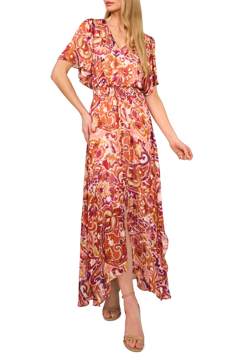 Smocked Waist Flutter Sleeve Maxi Dress, Main, color, WINE