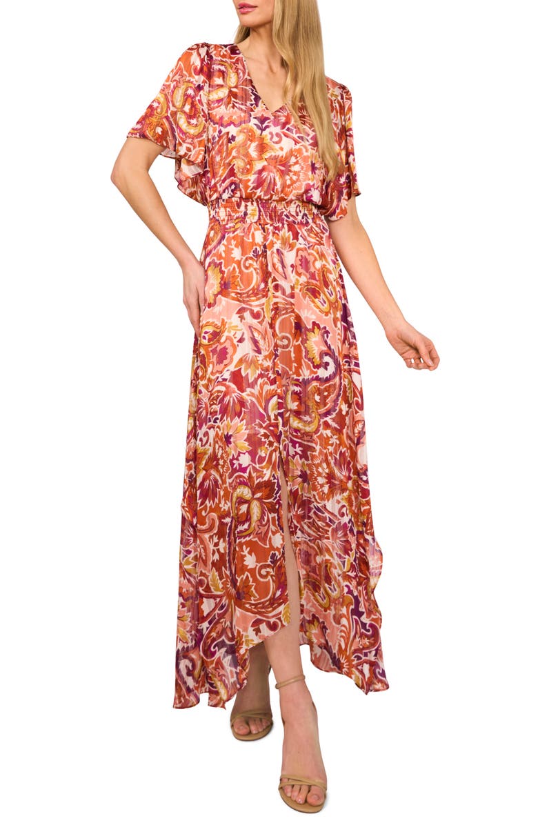 CeCe Smocked Waist Flutter Sleeve Maxi Dress, Main, color, Wine