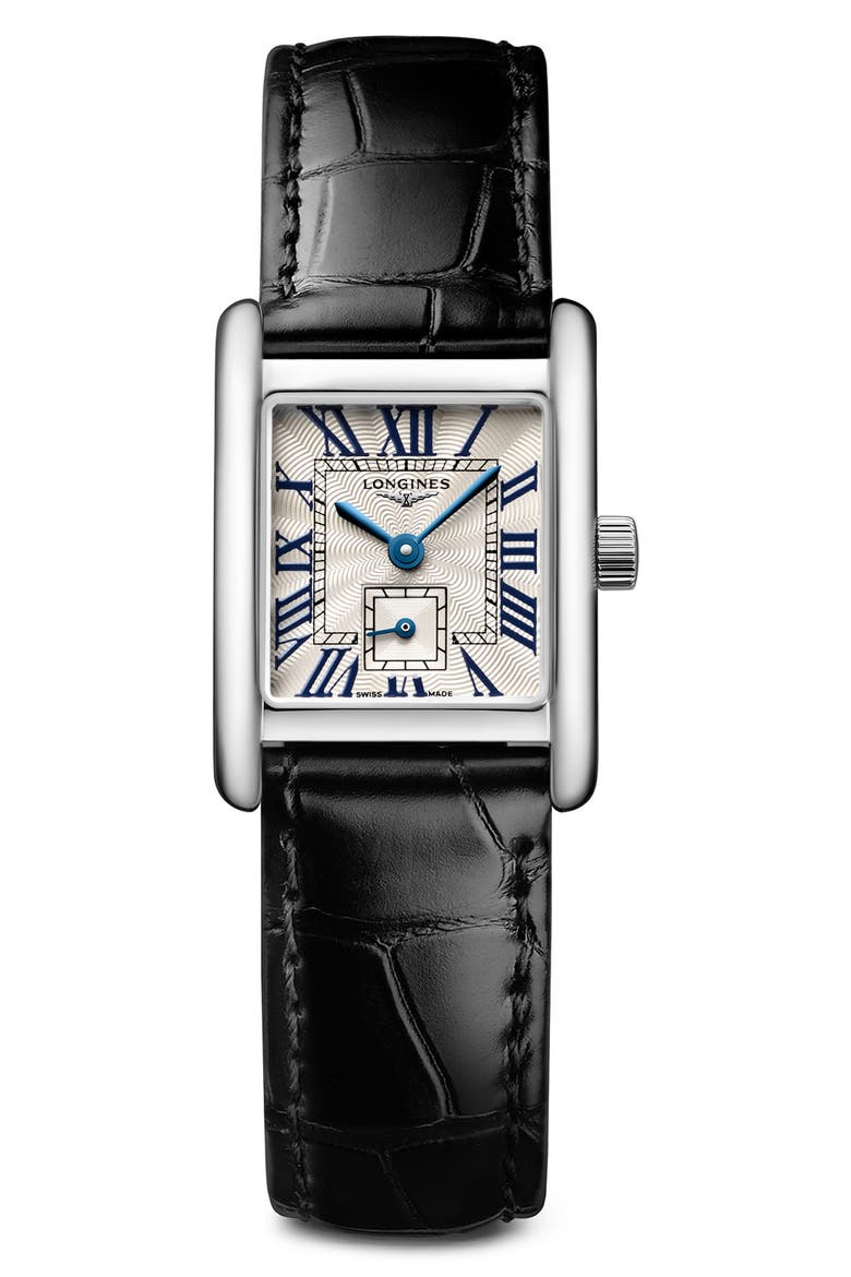 Mini DolceVita Leather Strap Watch, 21.5mm x 29mm, Main, color, BLACK