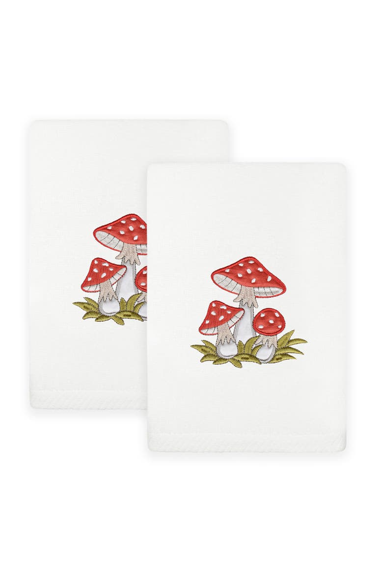 Set of 2 Spring Mushrooms Embroidered Turkish Cotton Hand Towels, Main, color, WHITE