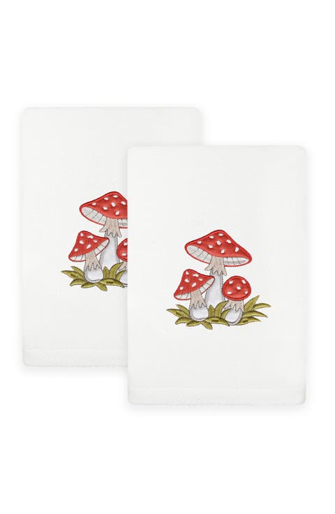 Set of 2 Spring Mushrooms Embroidered Turkish Cotton Hand Towels