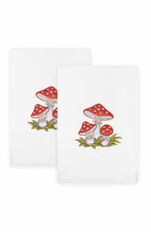Set of 2 Spring Mushrooms Embroidered Turkish Cotton Hand Towels