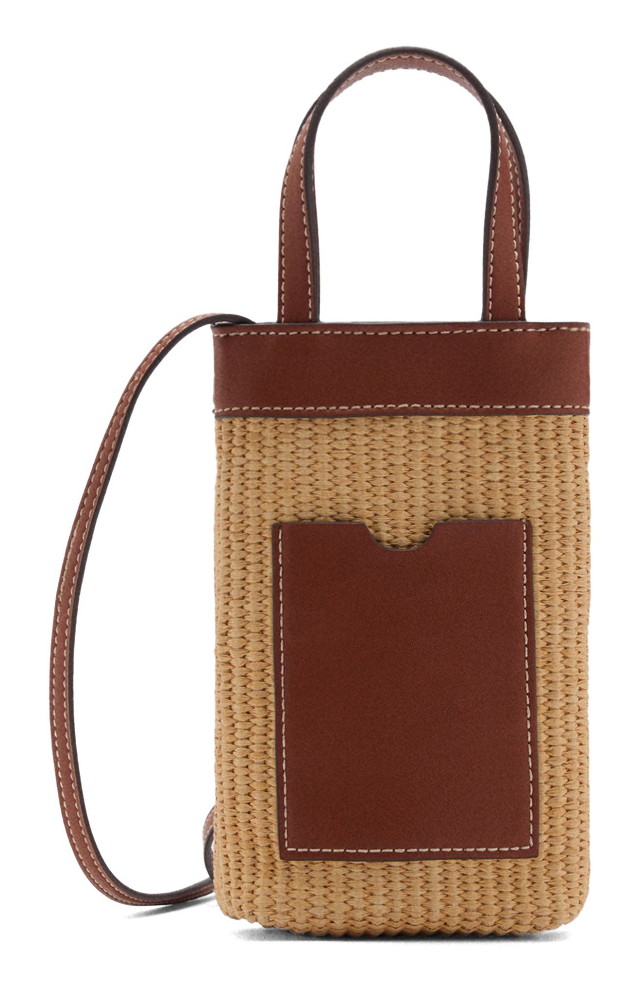 MANGO Woven Raffia Crossbody Phone Bag, Alternate, color, Leather