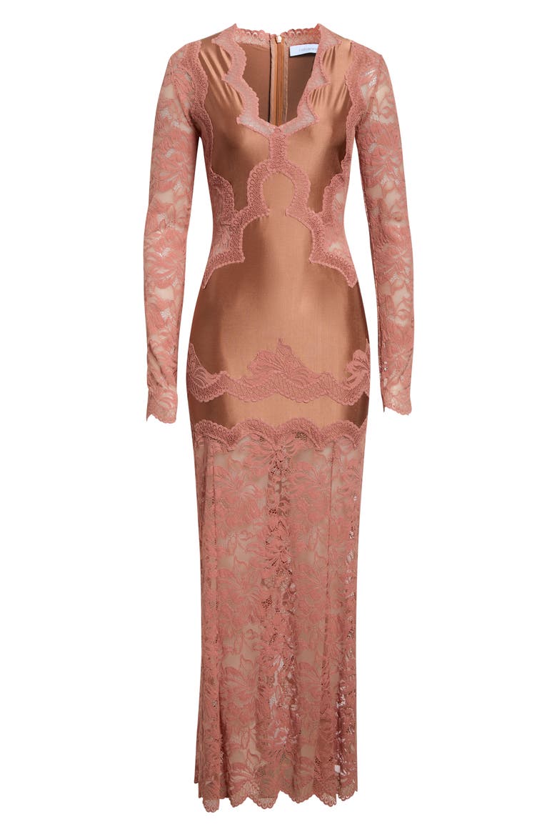 Lace Detail Long Sleeve Satin Maxi Dress, Alternate, color, NEW CARAMEL