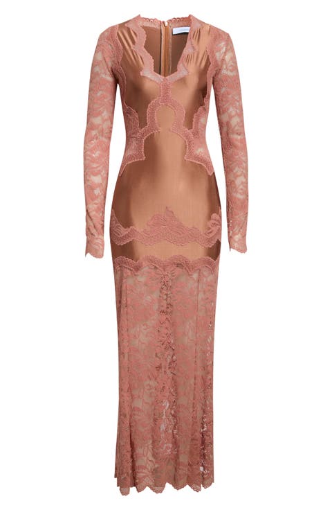Lace Detail Long Sleeve Satin Maxi Dress
