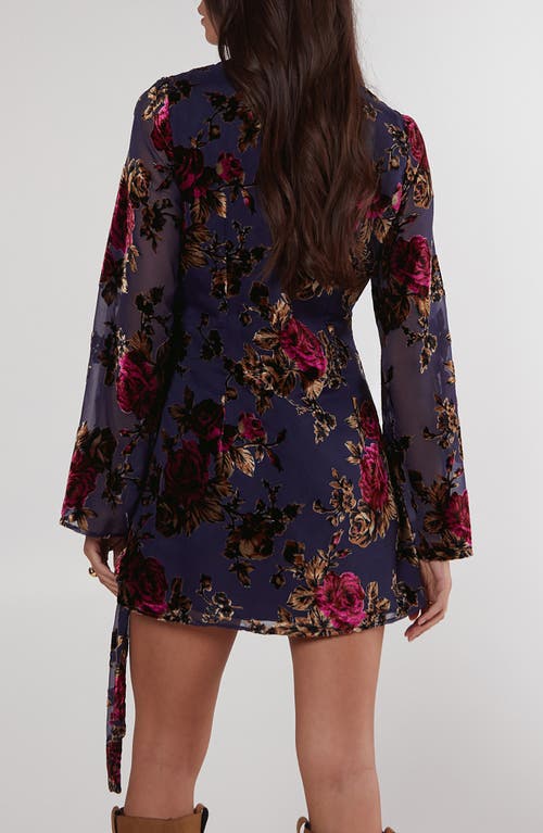 Nasty Gal Devoré Floral Long Sleeve Chiffon Minidress In Blue