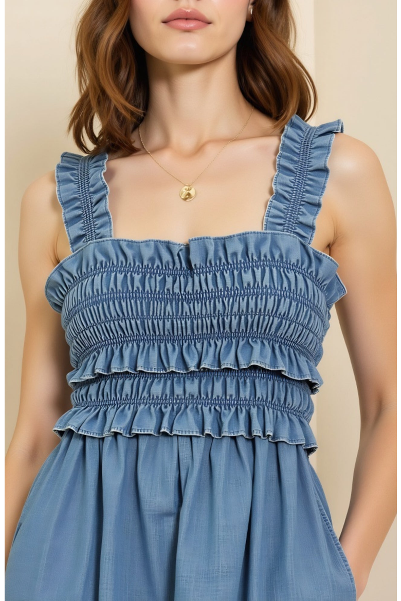 Smocked Ruffle Strap Square Neck Flowy Midi Dress, Alternate, color, Light Blue