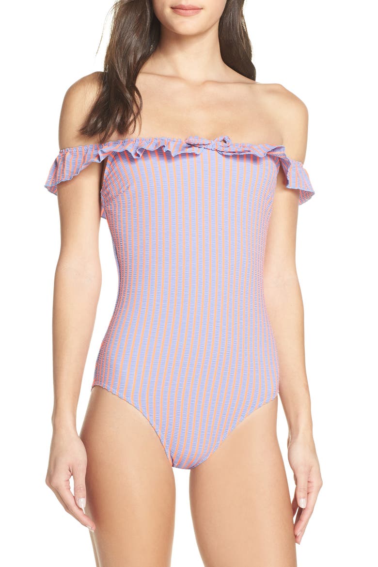 The Amelia Off the Shoulder One-Piece Swimsuit, Main, color, LAVENDER SEERSUCKER