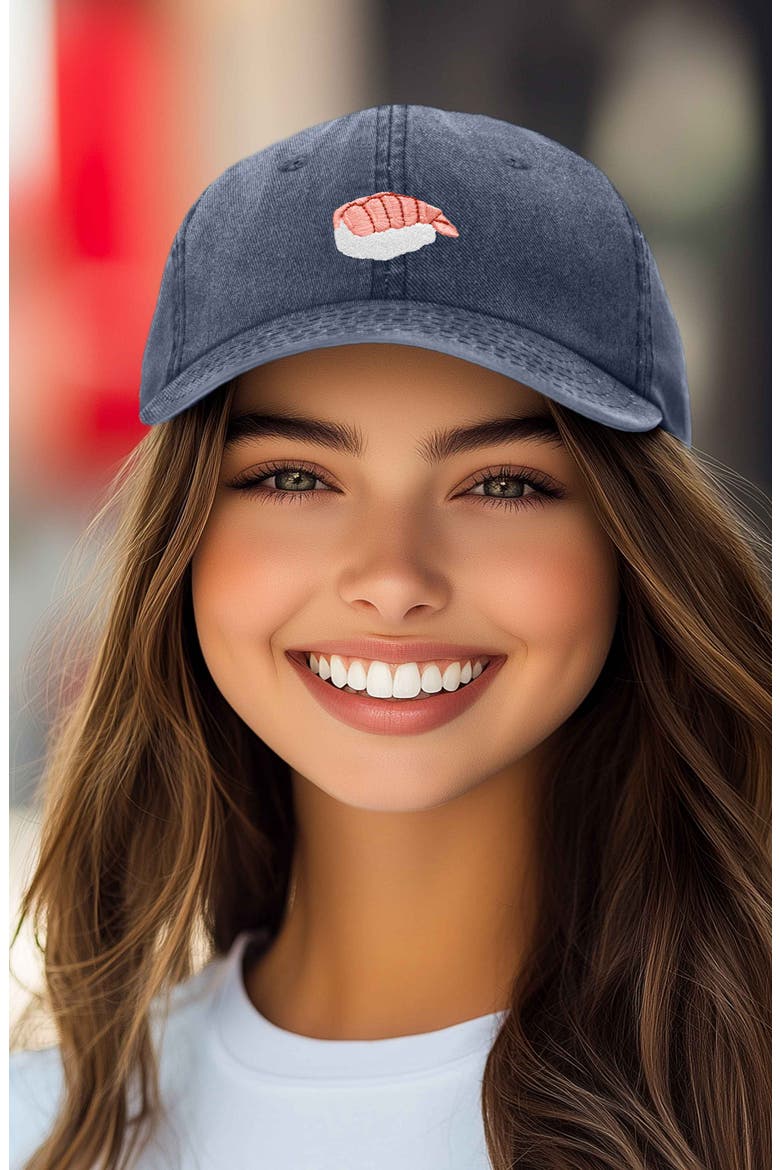 Shrimp Sushi Embroidered Dad Cap, Alternate, color, Washed Navy Blue
