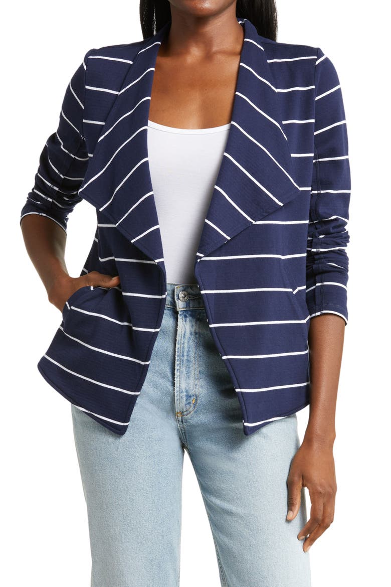 Drape Collar Knit Blazer, Main, color, NAVY- WHITE LAURANNE STRIPE