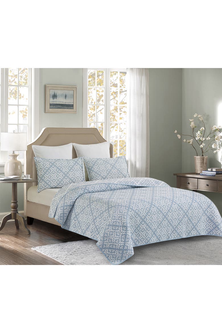 Leaves Jacquard Cotton Cover Quilt Set  - Reversible and Machine Washable, Main, color, Blue
