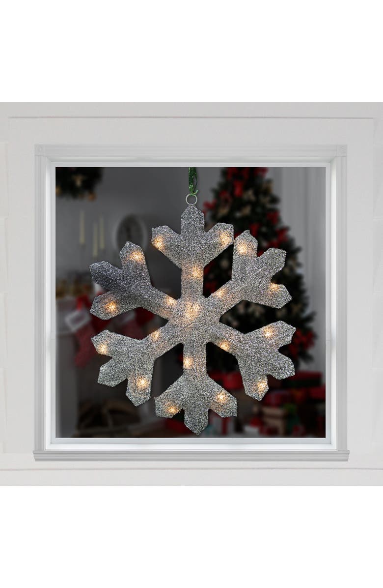 Northlight Lighted Tinsel Snowflake Christmas Window Decoration - 20" - Silver - Clear Lights, Alternate, color, 