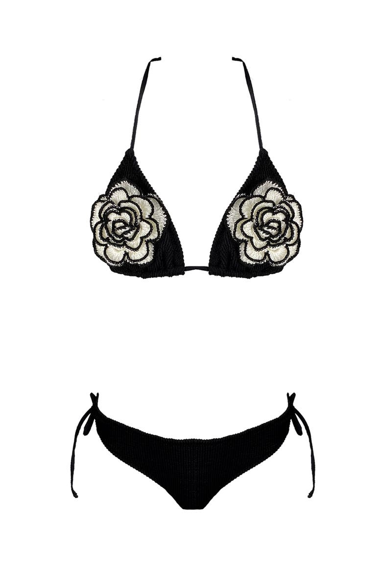 Kids' Triangle Hand-Made Crochet Flower Detail Two-Piece Swimsuit, Main, color, Black
