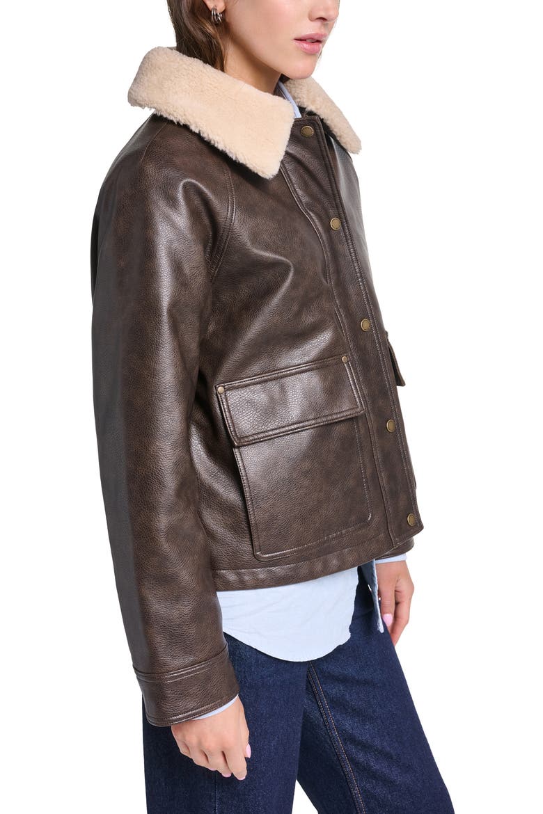 Faux Leather Relaxed Aviator Jacket, Alternate, color, BROWN