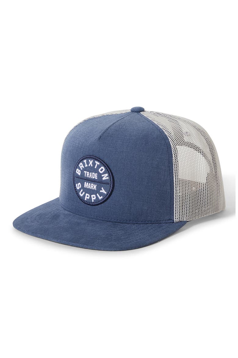 Oath Logo Patch Snapback Trucker Hat, Main, color, BLUE CHAMBRAY/ WHITE