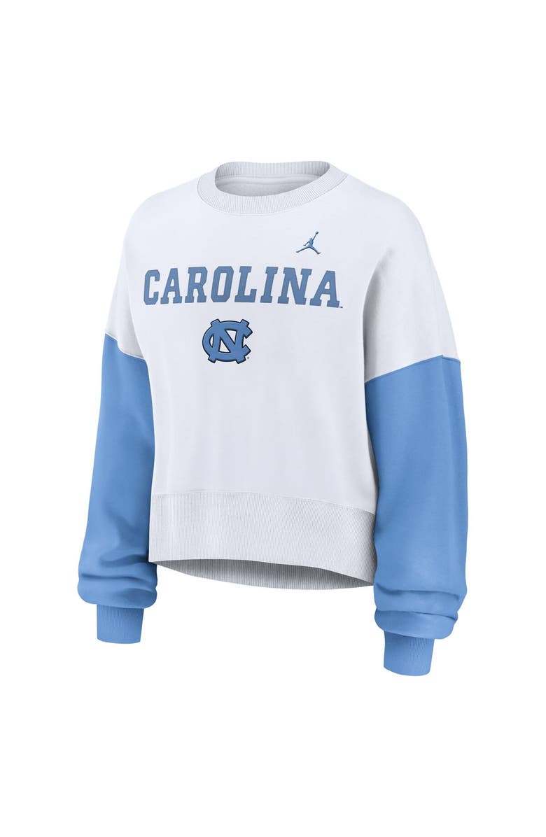 Jordan Brand Women's Jordan Brand White North Carolina Tar Heels Color-Block Oversized Cropped Pullover Sweatshirt, Alternate, color,