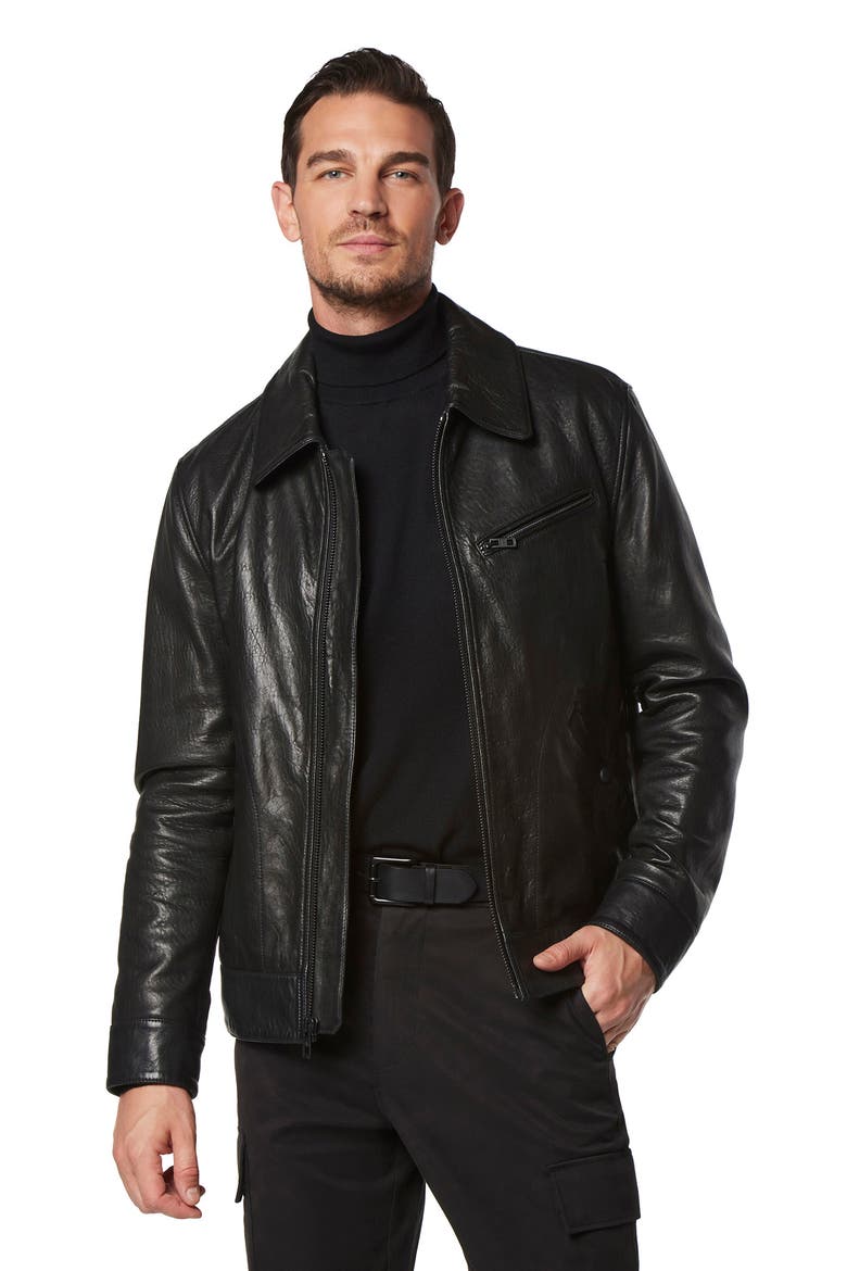 Overton Leather Trucker Jacket, Alternate, color, BLACK