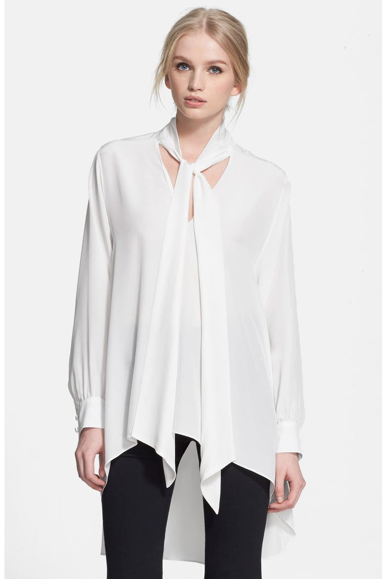 'Joya' Tie Neck Silk Blouse, Main, color, PURE WHITE