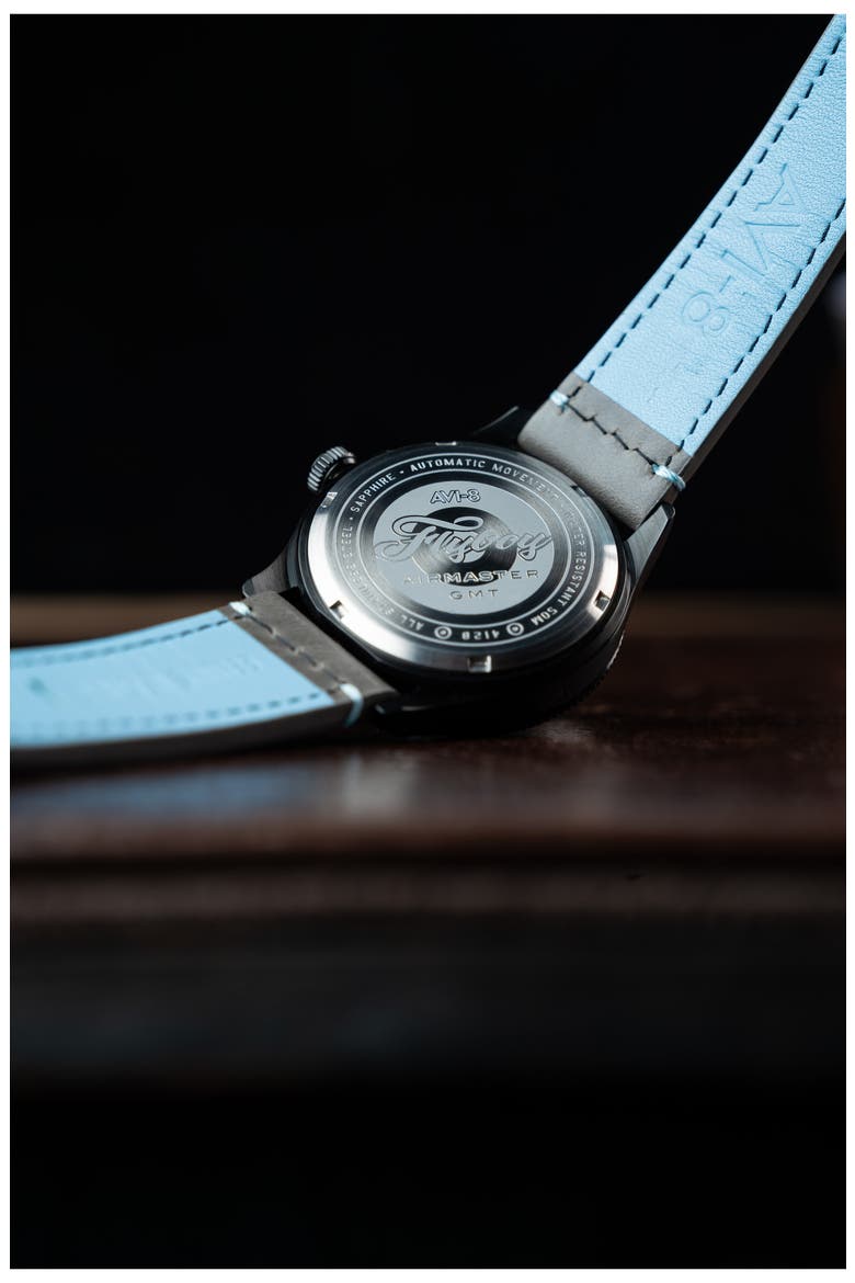 Flyboy Airmaster GMT Leather Strap Watch, 40mm, Alternate, color, GREY