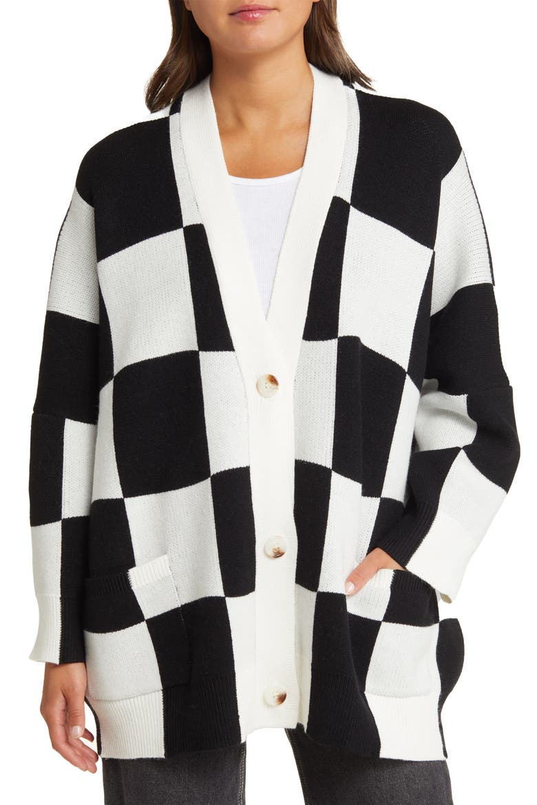 Love You Oversize Checkerboard Cardigan, Alternate, color, BLACK  WHITE CHECK